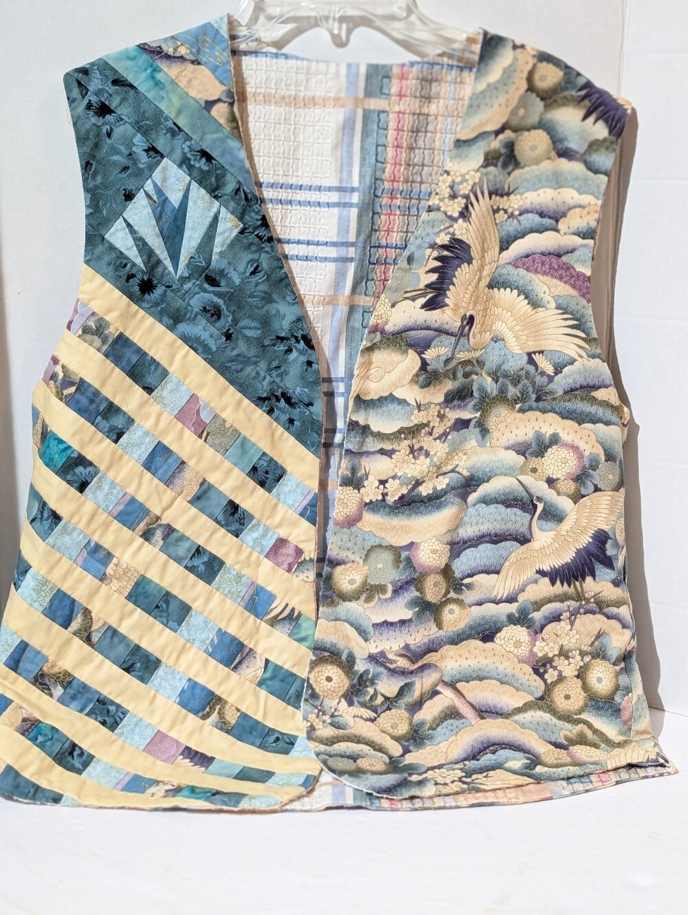 Handmade Patchwork Quilted Vest Japanese Crane-floral Wearable Art Boho OOAK Med